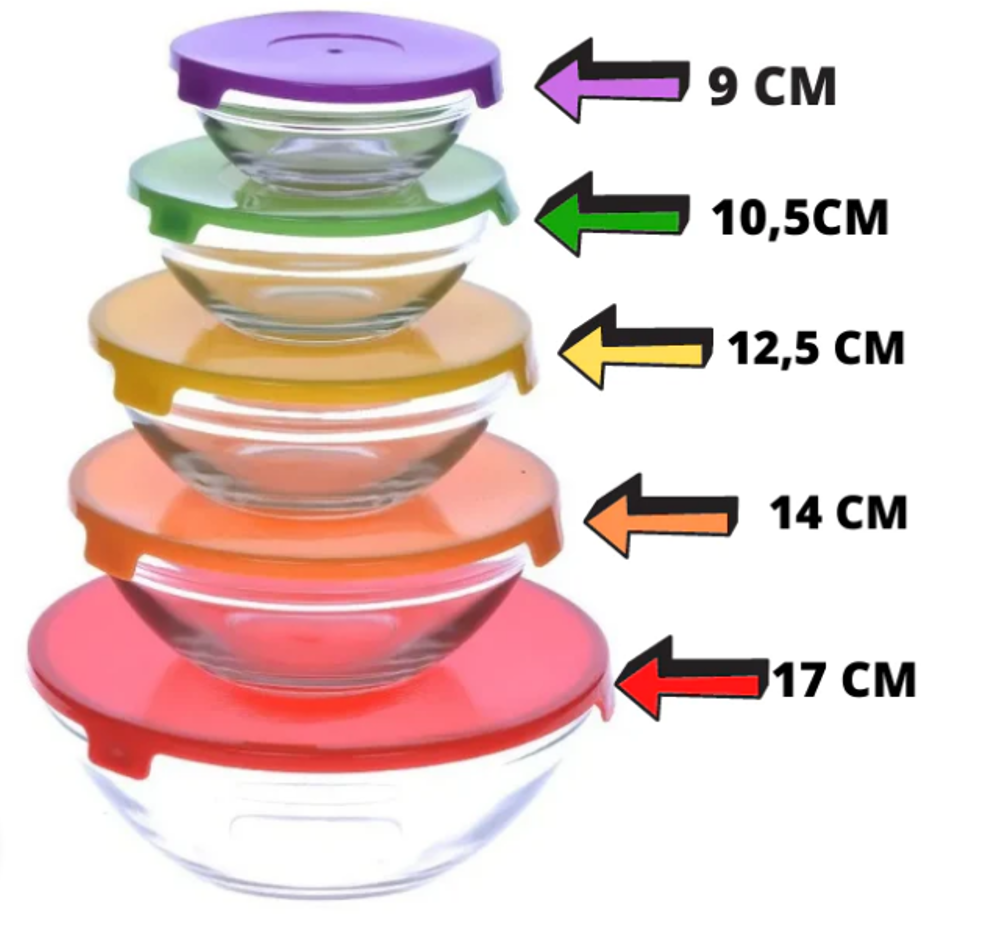 SET X5 UNIDADES - BOWLS DE VIDRIO Y TAPA PLASTICA