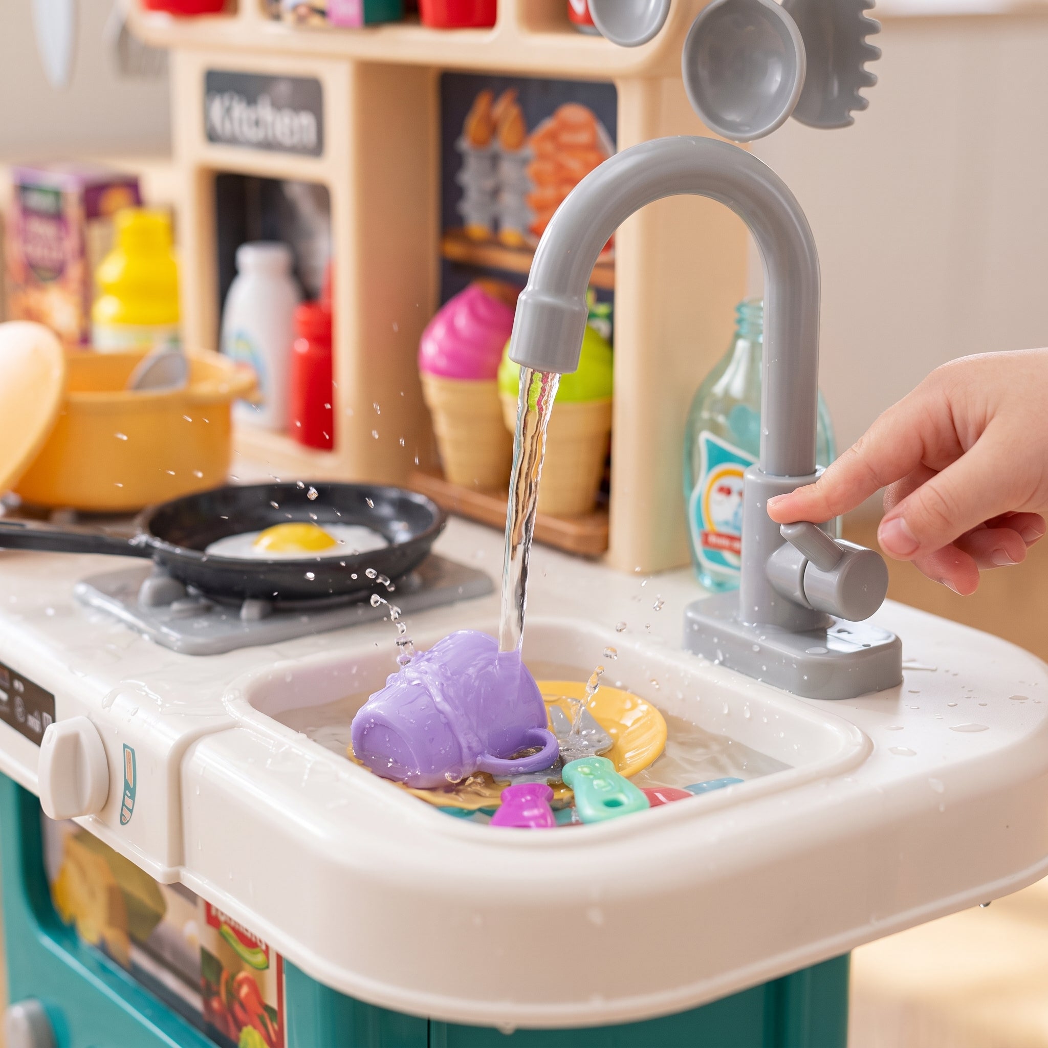 COCINA DE JUGUETE INTERACTIVA 63 PIEZAS CON LUZ, SONIDO, AGUA Y VAPOR REAL
