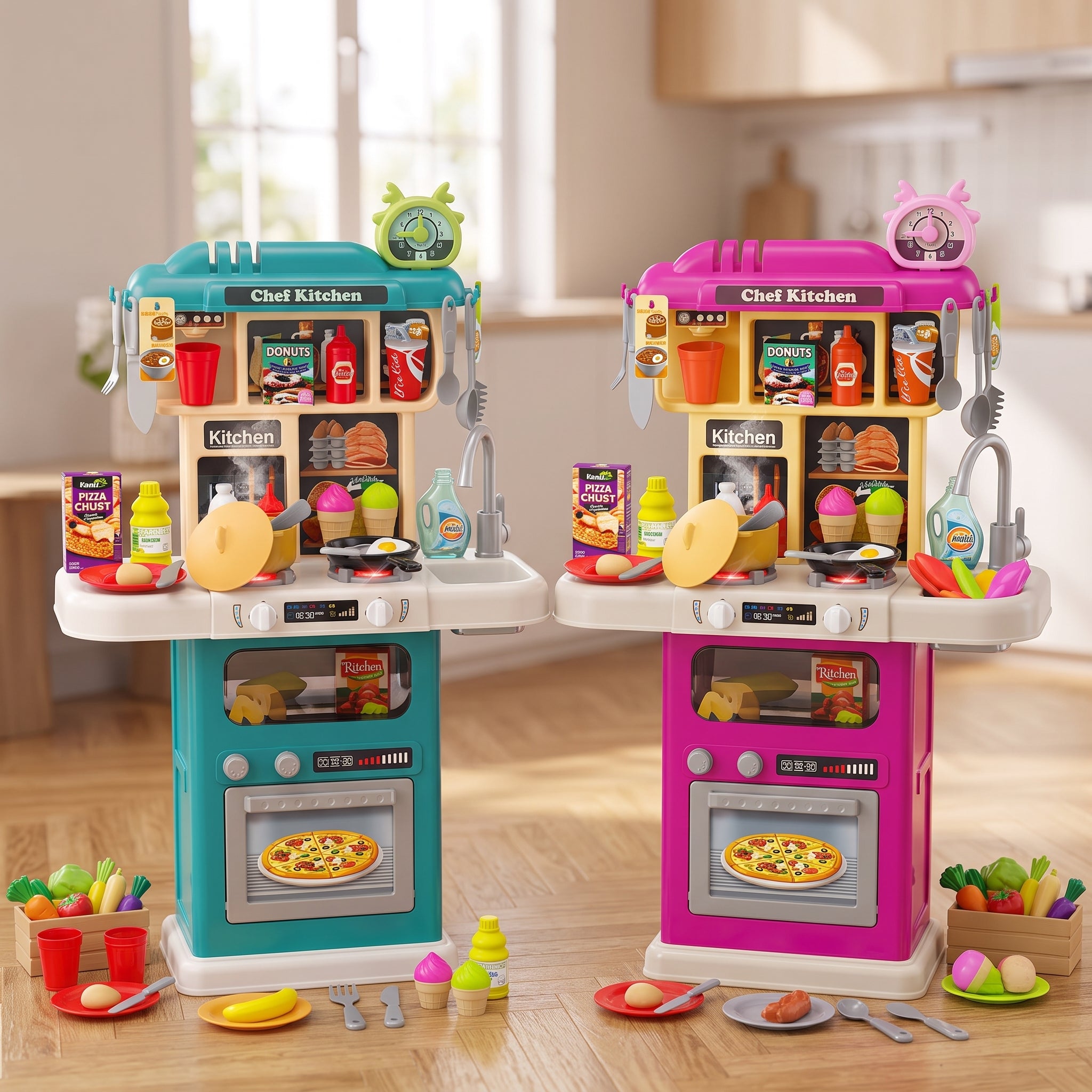 COCINA DE JUGUETE INTERACTIVA 63 PIEZAS CON LUZ, SONIDO, AGUA Y VAPOR REAL