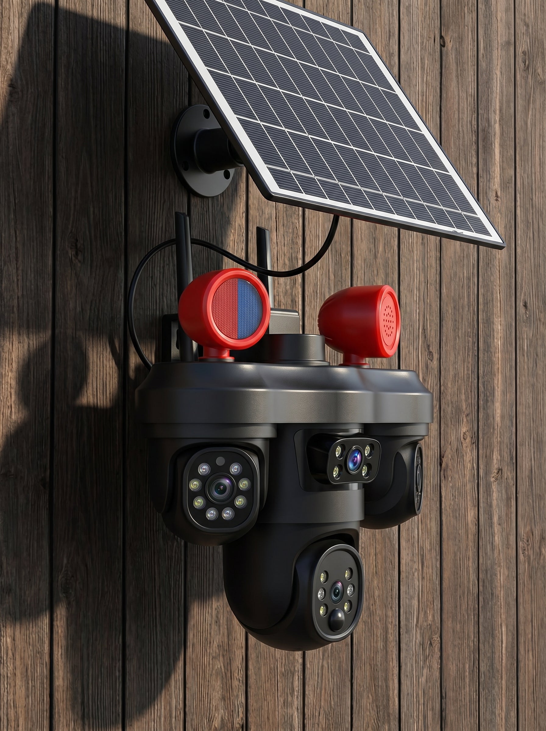 CAMARA 3 LENTES CON PANEL SOLAR LUZ Y SIRENA