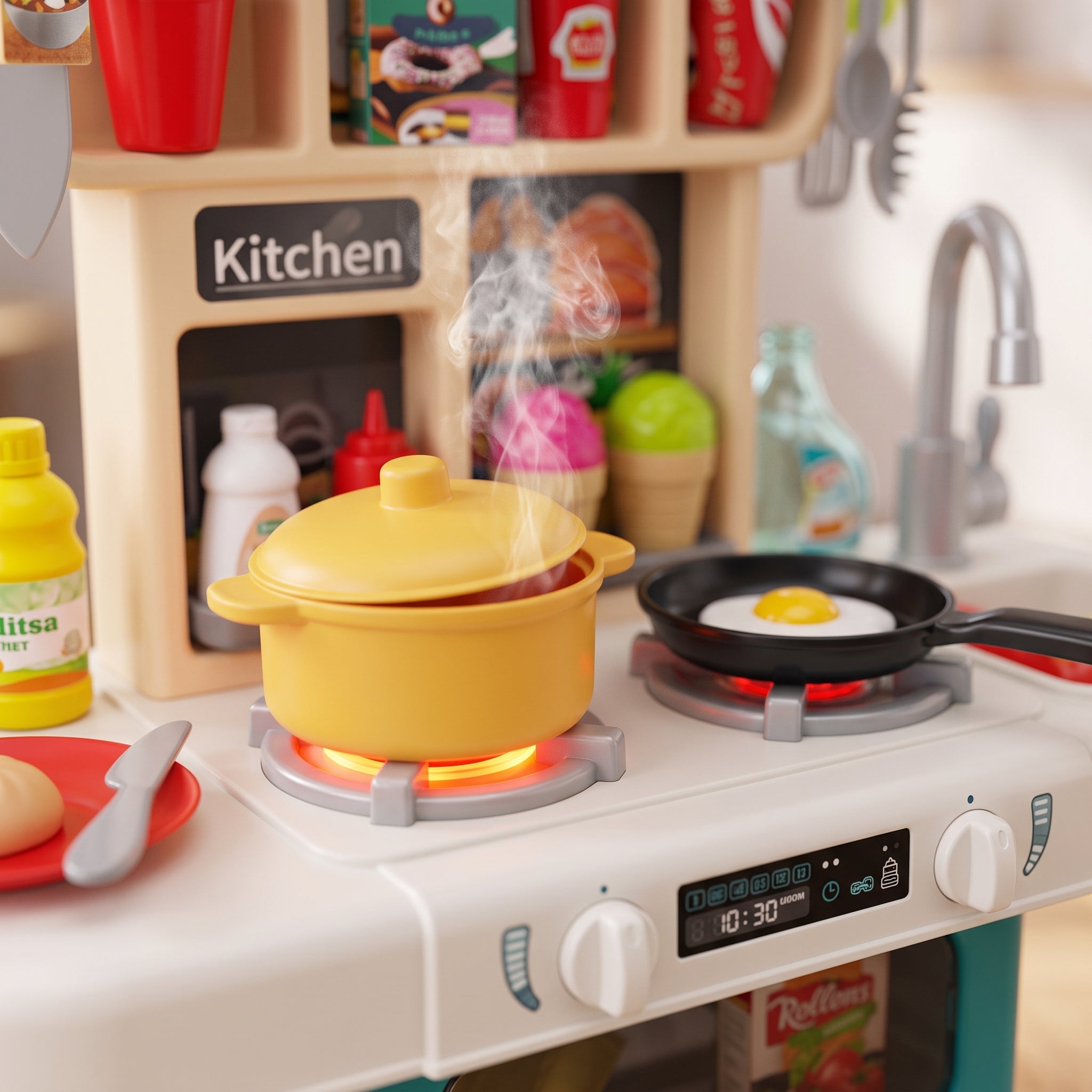 COCINA DE JUGUETE INTERACTIVA 63 PIEZAS CON LUZ, SONIDO, AGUA Y VAPOR REAL