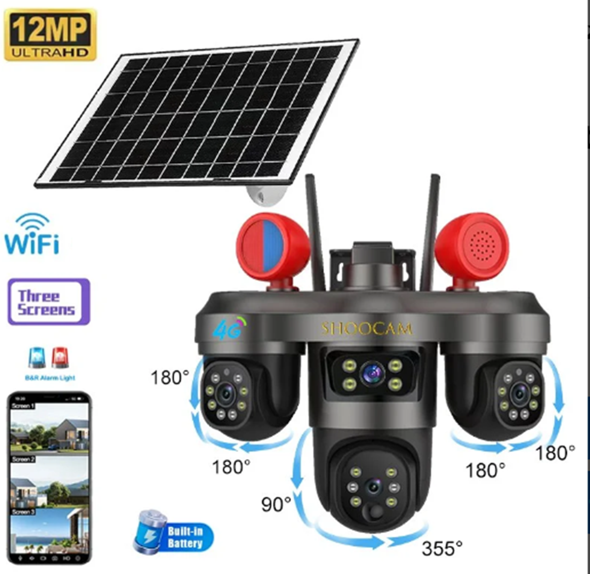 CAMARA 3 LENTES CON PANEL SOLAR LUZ Y SIRENA